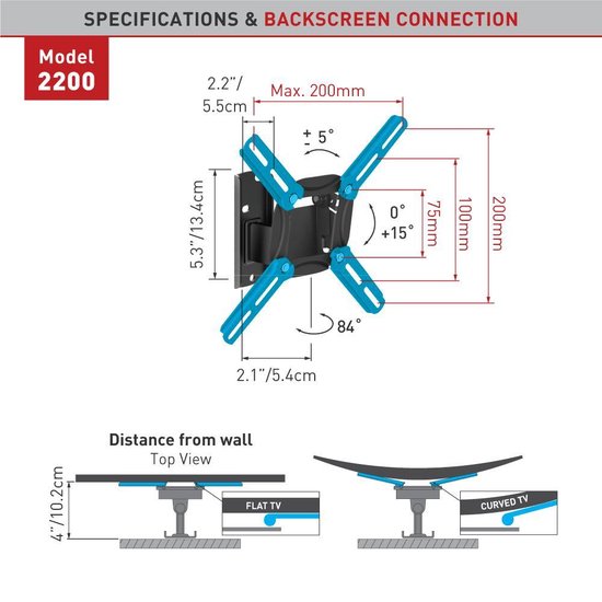 Barkan Mounts Compacte TV Muurbeugel Draaibaar |Schermen 13-43 inch | VESA 200x200