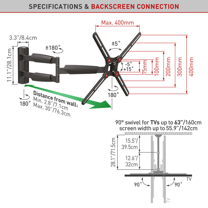 Barkan Mounts Extra lange TV-Muurbeugel 13 - 65 inch |Max. 36 kg |VESA 400x400