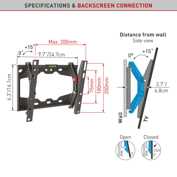 Barkan Mounts Compacte kantelbare muurbeugel voor schermen tot 43 inch |VESA 200x200