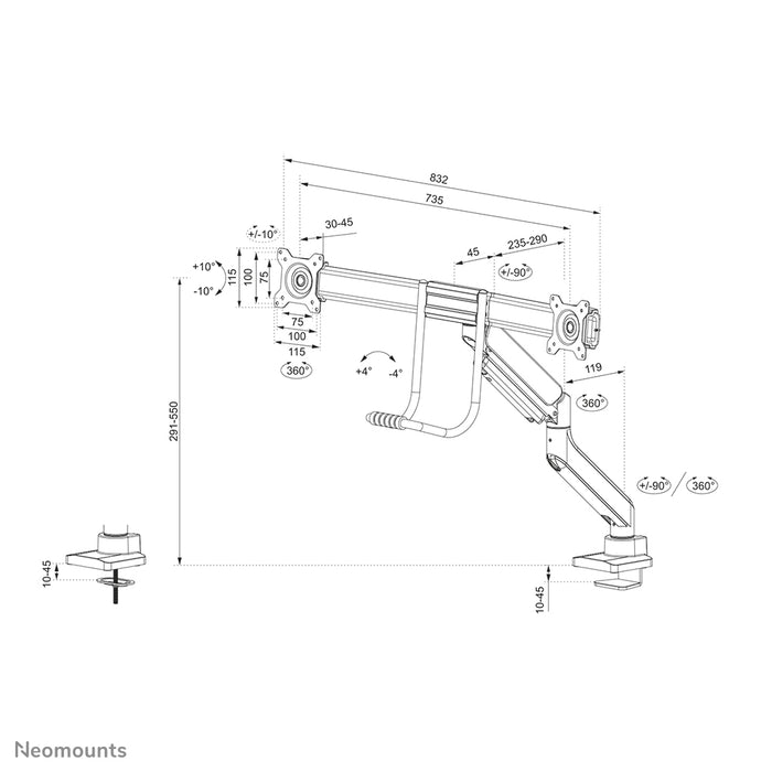 Neomounts DS75-450BL2 full motion monitor bureausteun voor 17-32 inch schermen - Zwart