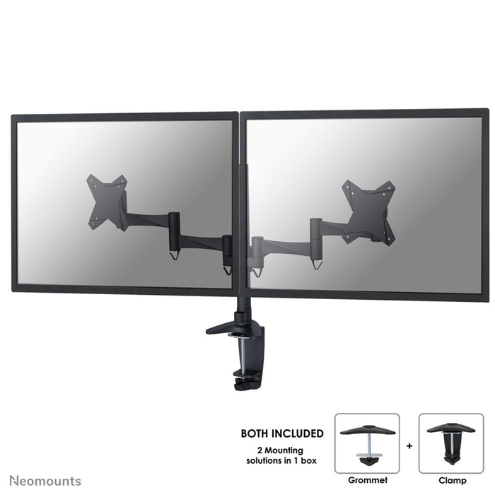 Neomounts FPMA-D1330Dblack is een bureausteun voor 2 flat screens t/m 27 inch (69 cm).