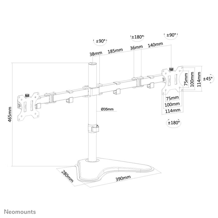 Neomounts FPMA-D550DD zwart is een bureausteun voor 2 flat screens t/m 32 inch.