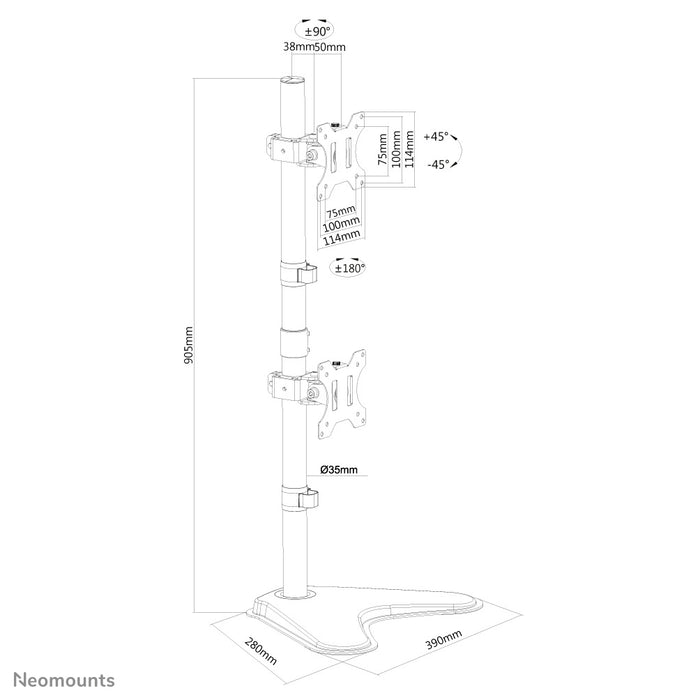 Neomounts FPMA-D550DDV zwart is een bureausteun voor 2 flat screens t/m 32 inch.