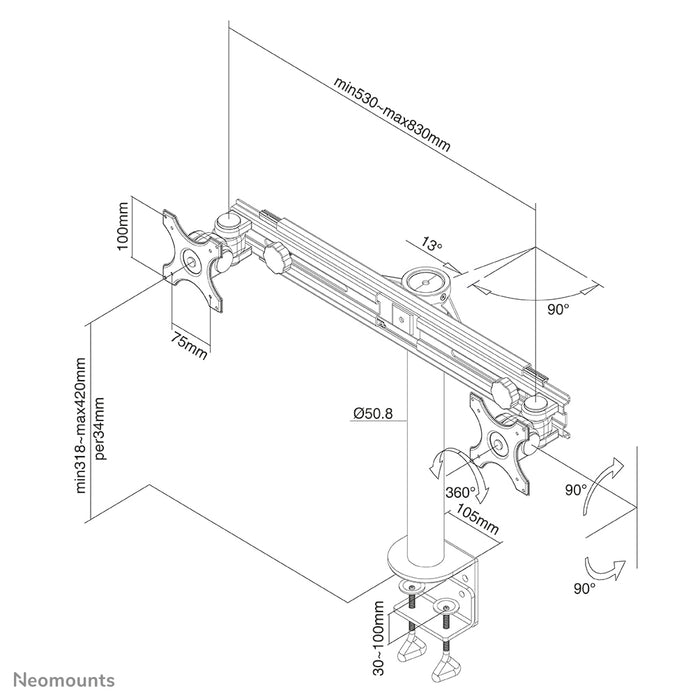 Neomounts FPMA-D700D is een bureausteun voor 2 flat screens t/m 30 inch (76 cm).