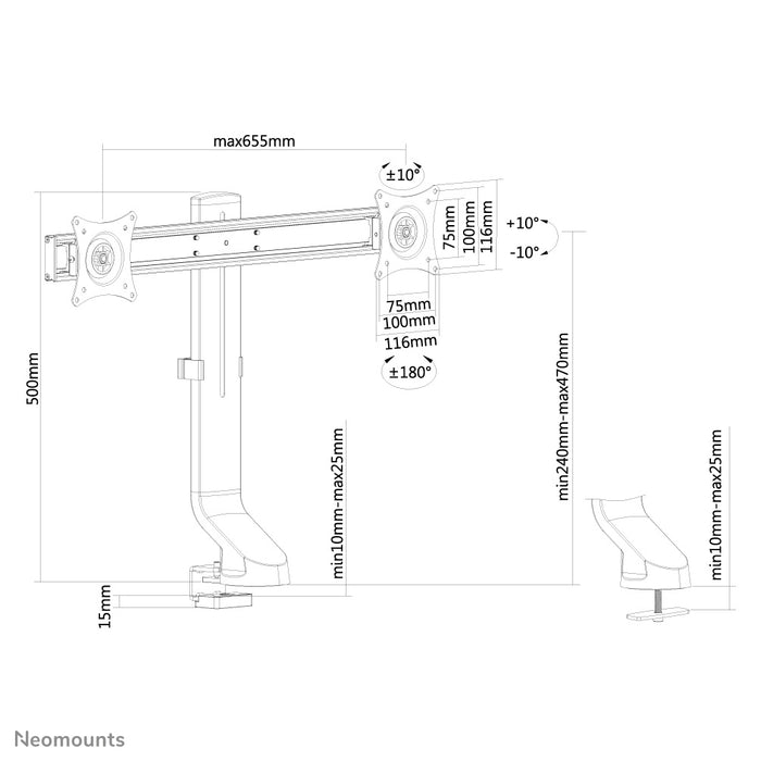 Neomounts FPMA-D860D zwart is een bureausteun voor twee flat screens t/m 27 inch (69 cm).