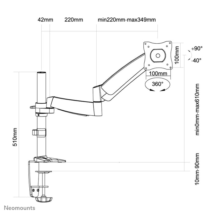 Neomounts FPMA-D950 is een bureausteun met gasveer voor flat screens t/m 27 inch.