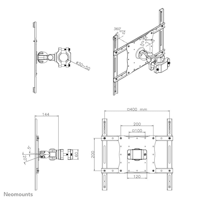 Neomounts FPMA-WP440black is een kantel- en zwenkbare paalsteun voor LCD/LED/TFT scherm t/m 52 inch (132 cm).