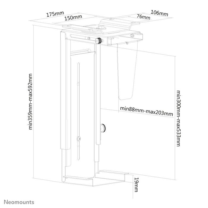 Neomounts NM-CPU100 zwart is een steun waarmee u een PC of thin client aan het bureau bevestigt.