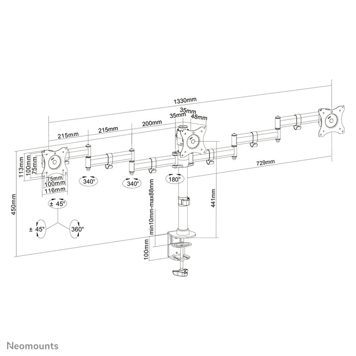 Neomounts NM-D135D3 zwart is een bureausteun voor 3 flat screens t/m 27 inch (69 cm).