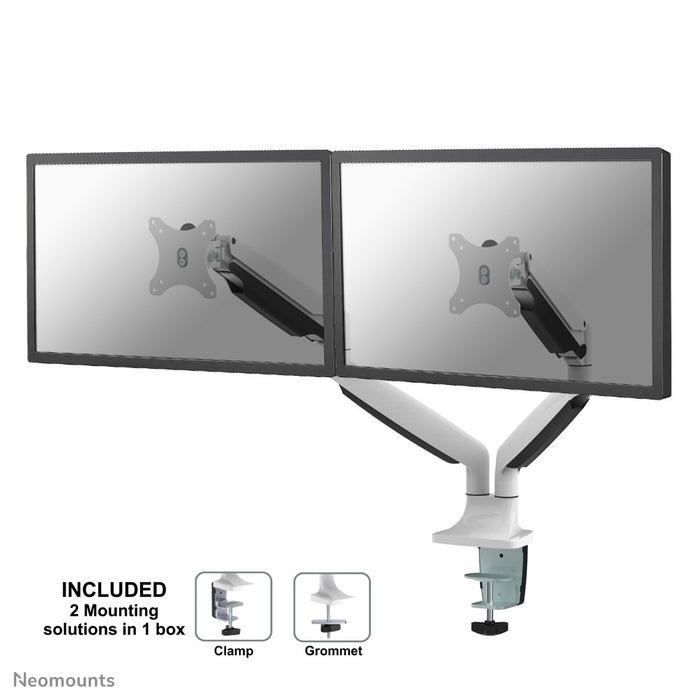 Neomounts NM-D750D wit is een gasgeveerde bureausteun voor twee flat screens t/m 32 inch (82 cm).