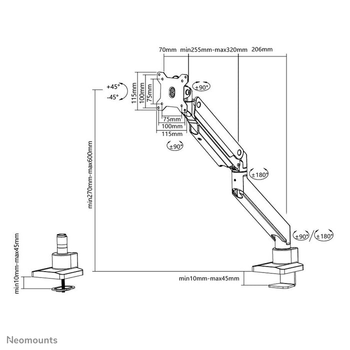 Neomounts NM-D775 zwartPLUS is een gasgeveerde bureausteun voor curved monitors t/m 49 inch (124 cm) - Zwart