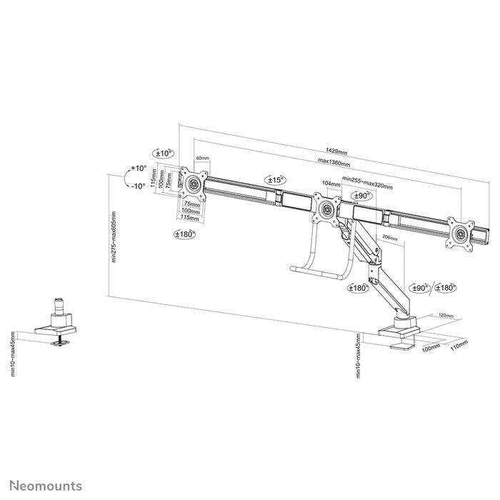 Neomounts NM-D775DX3 zilver is een gasgeveerde bureausteun met crossbar en hendel voor flat screens t/m 27 inch (68,6 cm).