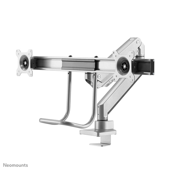 Neomounts NM-D775DX zilver is een gasgeveerde bureausteun met crossbar en hendel voor flat screens t/m 32 inch (81 cm).