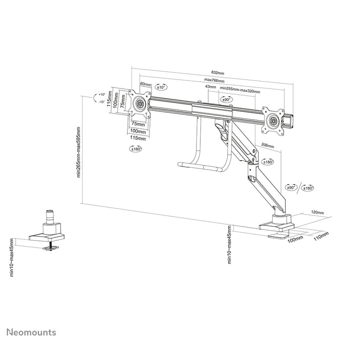 Neomounts NM-D775DX zilver is een gasgeveerde bureausteun met crossbar en hendel voor flat screens t/m 32 inch (81 cm).