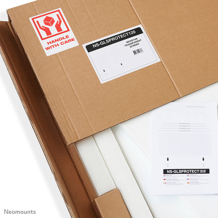 Neomounts NS-GLSPROTECT100 is een duurzaam glazen scherm van 100 cm dat afstandsbescherming biedt op de werkvloer - Gehard, transparant glas, 100% recyclebaar