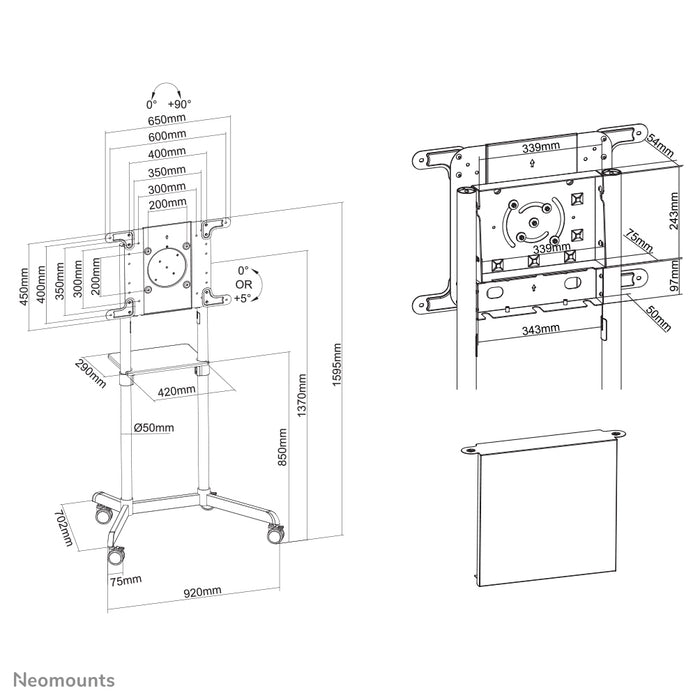 Neomounts NS-M1250 zwart is een verrijdbaar meubel voor flat screens t/m 70 inch (178 cm). Incl. laptop plateau - Zwart
