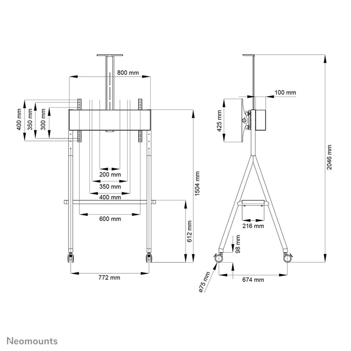 Neomounts NS-M1500black is een verrijdbaar meubel voor flat screens t/m 65 inch (165 cm). Incl. laptop plateau - Zwart