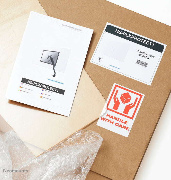 Neomounts NS-PLXPROTECT1 is een transparant scherm t.b.v. 1 flat screen en biedt afstandsbescherming op de werkvloer- Transparant acrylaat, 100% recyclebaar | PLXPROTECT van is geregistreerd als EU-Design patent |