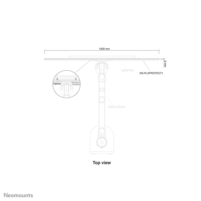 Neomounts NS-PLXPROTECT1 is een transparant scherm t.b.v. 1 flat screen en biedt afstandsbescherming op de werkvloer- Transparant acrylaat, 100% recyclebaar | PLXPROTECT van is geregistreerd als EU-Design patent |