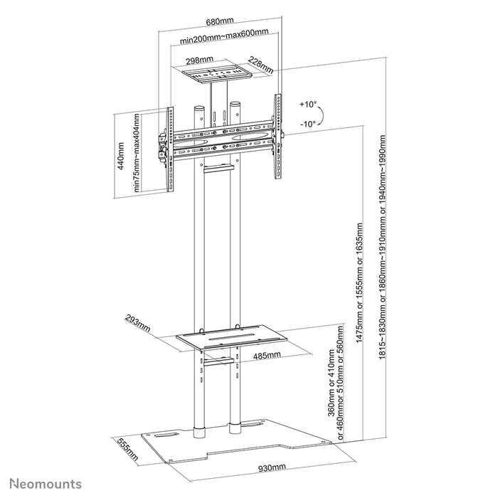 Neomounts PLASMA-M1700ES is een meubel voor LCD/LED/Plasma schermen t/m 70 inch (178 cm). hoogteverstelling is 147,5-163,5 cm.