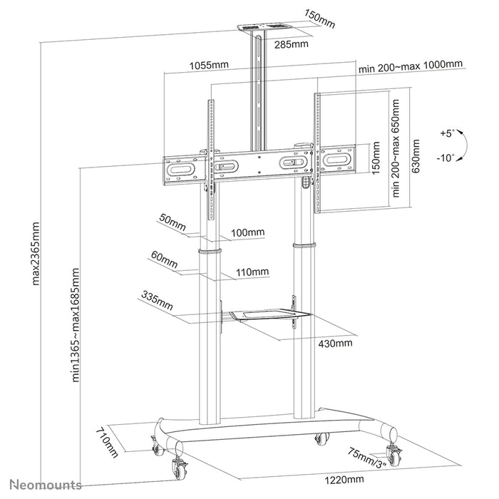 Neomounts PLASMA-M1950E is een verrijdbaar meubel voor flat screens t/m 100 inch (254 cm). Incl. laptop plateau.