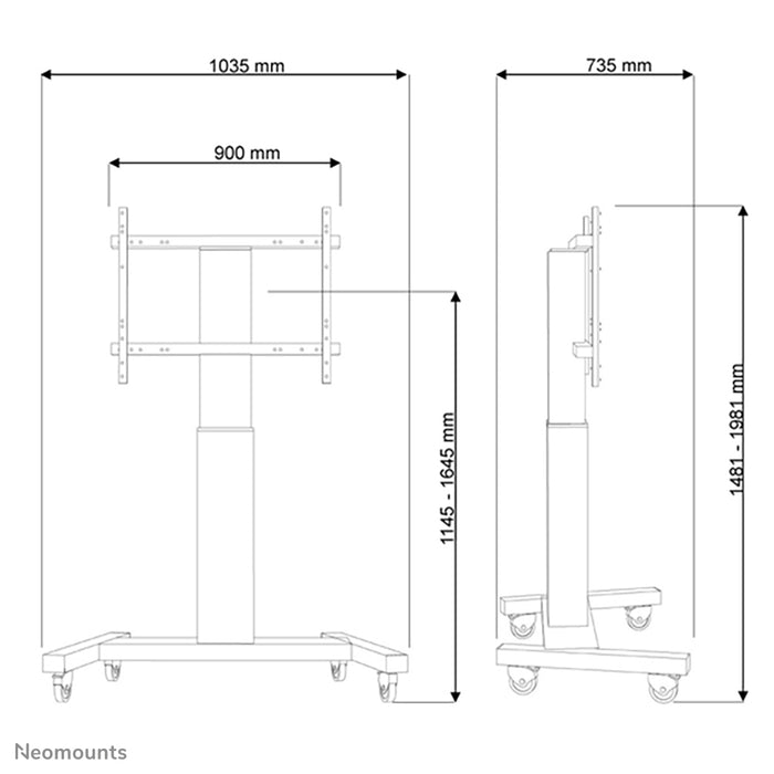 Neomounts PLASMA-M2250 zwart is een elektrisch in hoogte verstelbare trolley voor flat screens t/m 100 inch.