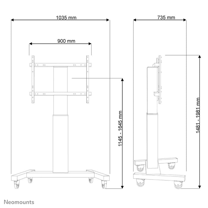 Neomounts PLASMA-M2250 zilver is een elektrisch in hoogte verstelbare trolley voor flat screens t/m 100 inch.