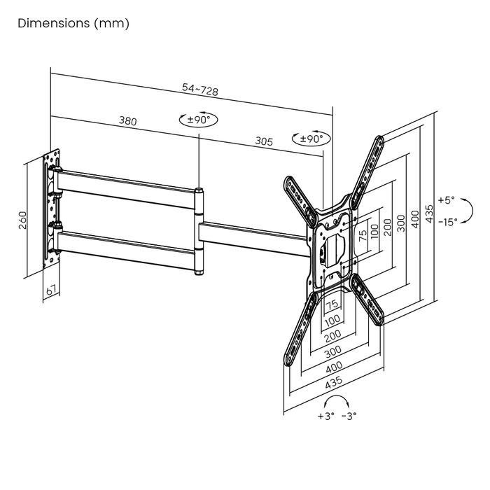 Wolff Mount universele Lange Tv-beugel voor schermen tot 65 inch (73 cm uit de muur) met VESA 400x400